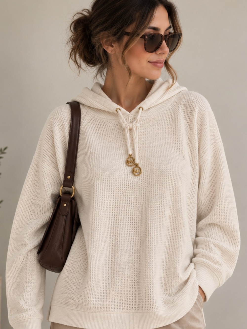 Michael Kors Cream Waffle-Knit Hooded Pullover